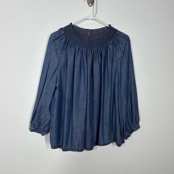 Loft Womens L Chambray Smoked Lyocell Blue Long Sleeve Blouse Casual Lightweight - Picture 2 of 6